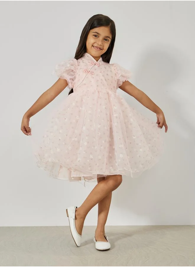 ستايلي Cheongsam Neck Mesh Overlay Dress