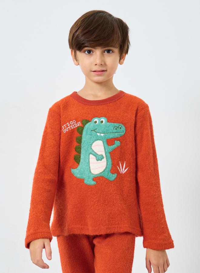 Styli Boys Dinosaur Applique Fleece Top and Pyjama Set - Image 3