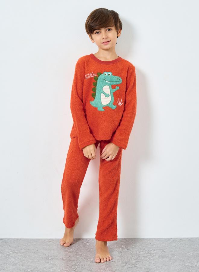 Styli Boys Dinosaur Applique Fleece Top and Pyjama Set - Image 2