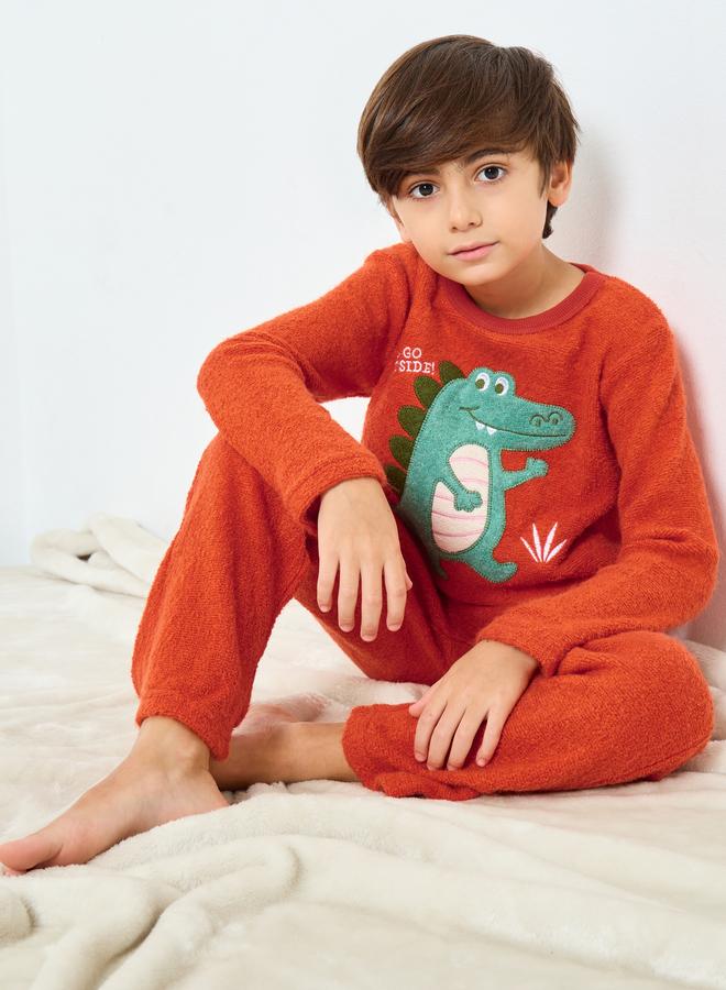 Styli Boys Dinosaur Applique Fleece Top and Pyjama Set - Image 1