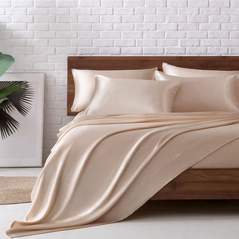 MRHM Satin Bed Sheets Queen Size Sheets Set 6 Pcs Silky Bedding Set with 15 Inches Deep Pocket for MattressQueen Taupe