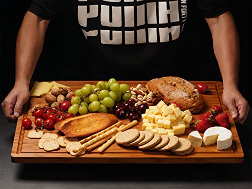 Allsum 24"x18" Bamboo Cutting Boards, XXL Charcuterie Cheese Platter Serving Tray with Handles and Juice Grooves, Solid Structure, Slim, Durable, Reversible - Image 4