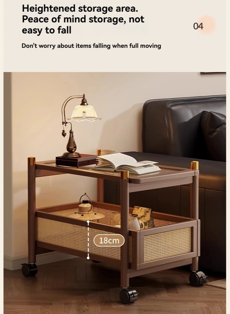 WALALLA Sofa Side Table Small Coffee Table with 360° Universal Wheels 2-Tier Trolley Cart End Table with Storage Basket for Living Room Bedroom Balcony - Image 5