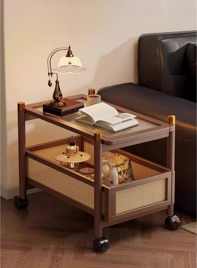 WALALLA Sofa Side Table Small Coffee Table with 360° Universal Wheels 2-Tier Trolley Cart End Table with Storage Basket for Living Room Bedroom Balcony - Image 1