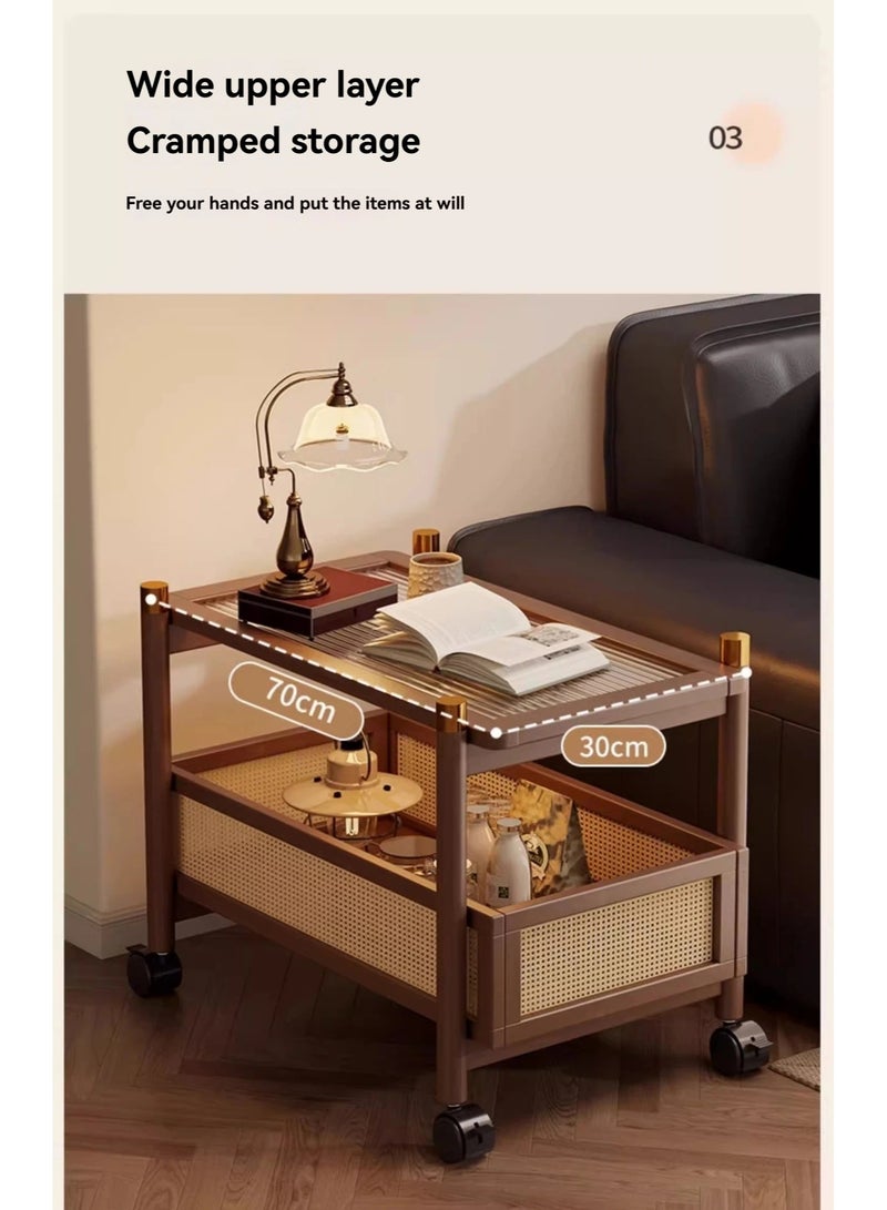 WALALLA Sofa Side Table Small Coffee Table with 360° Universal Wheels 2-Tier Trolley Cart End Table with Storage Basket for Living Room Bedroom Balcony - Image 4