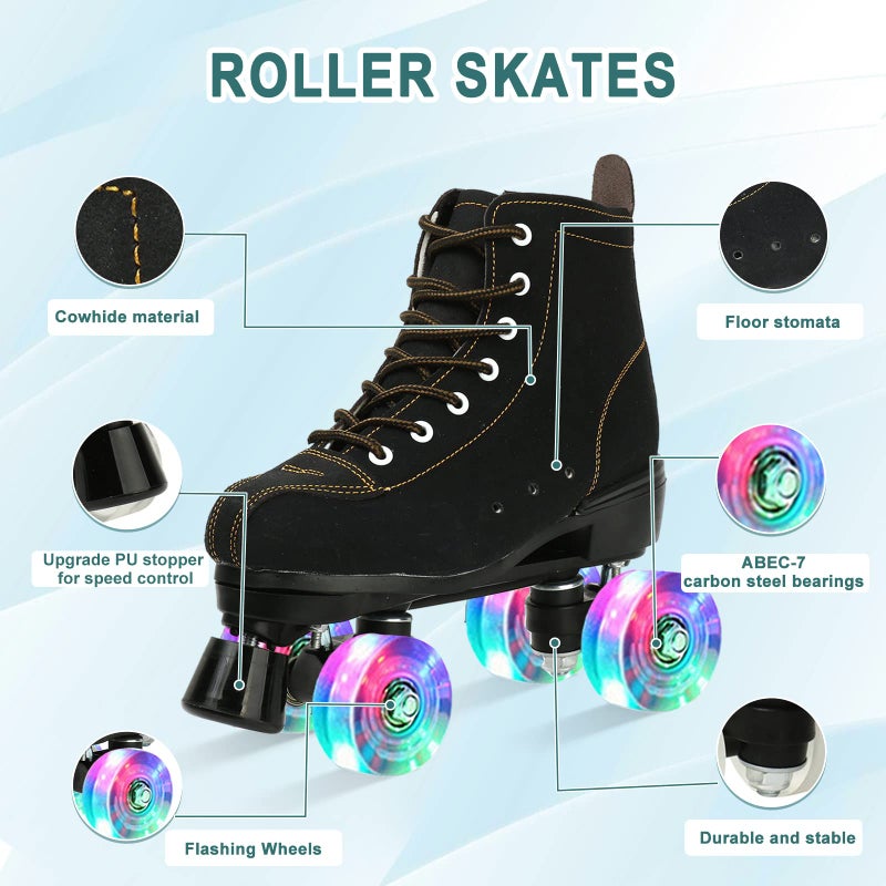 jessie Roller Skates Women High Top Cowhide Adjustable Shiny Light up Four-Wheel Women Roller Skates Adult Boys Girls with a Shoe Bag Indoor Outdoor Roller Skates(Women Size 9.5 / Men Size 7.5) - Image 2