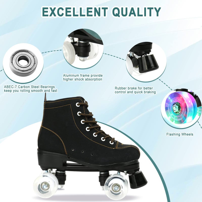 jessie Roller Skates Women High Top Cowhide Adjustable Shiny Light up Four-Wheel Women Roller Skates Adult Boys Girls with a Shoe Bag Indoor Outdoor Roller Skates(Women Size 9.5 / Men Size 7.5) - Image 4