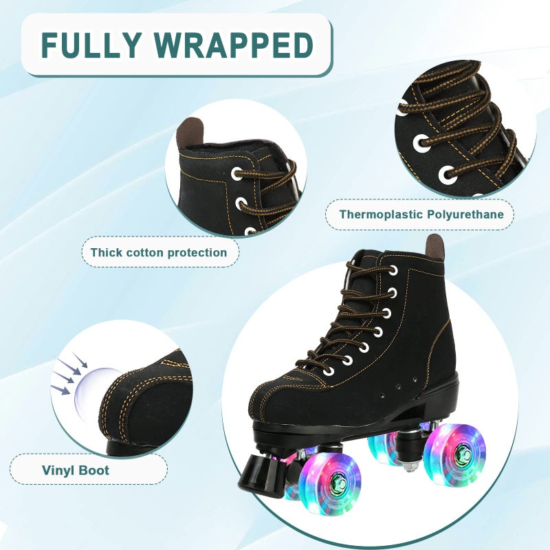 jessie Roller Skates Women High Top Cowhide Adjustable Shiny Light up Four-Wheel Women Roller Skates Adult Boys Girls with a Shoe Bag Indoor Outdoor Roller Skates(Women Size 9.5 / Men Size 7.5) - Image 3