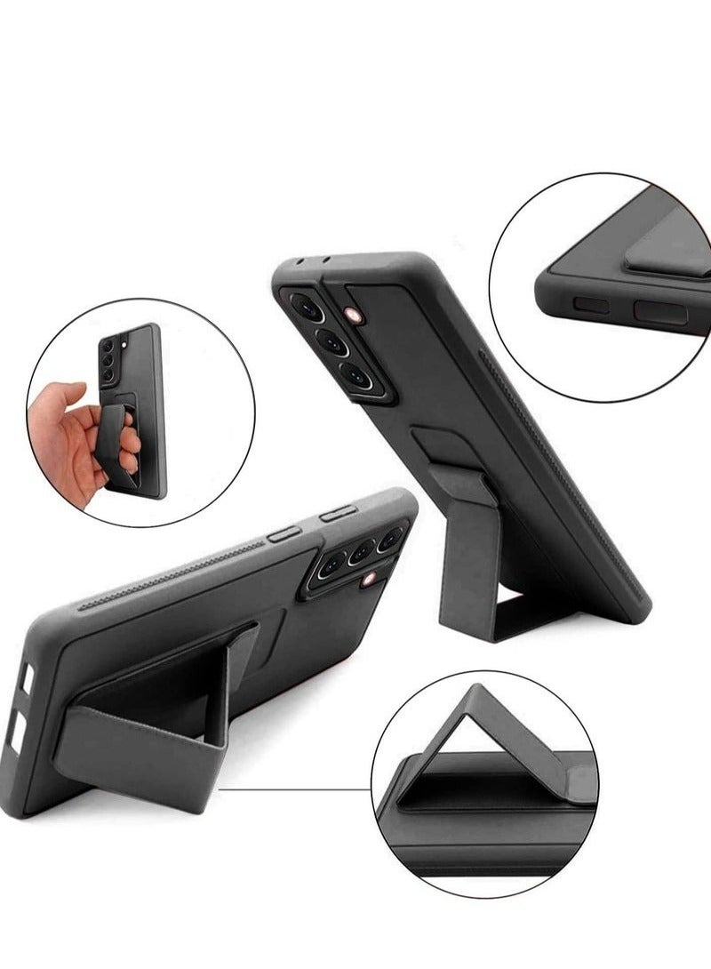 ELTRAZONE ELTRAZONE Premium Quality Silicone Slim PU Leather Kick Back Stand Grip Case Cover with Enhanced Protection of Wrist Strap Hand Band Cover Case for Samsung Galaxy S22 5G (S22 Black) - Image 1