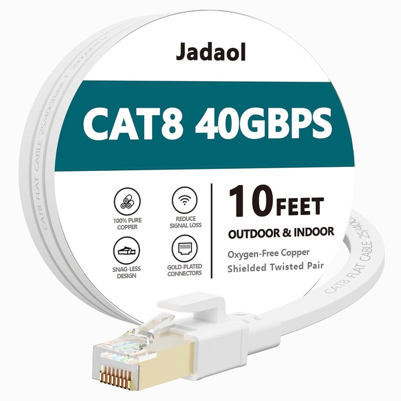 Jadaol Cat 8 Ethernet Cable 10 ft, 40Gbps 2000MHz Flat RJ45 S/FTP LAN Patch Cable, High-Speed Cat8 Network Cable for Router, Modem, Switch, Gaming Consoles, PC, Home Network & Streaming Devices, White - Image 1