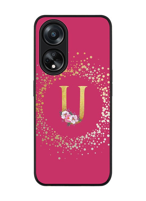 Rugged Black edge case for Oppo A98 5G, Slim fit Thin Cover- Custom Monogram Initial Letter Floral Pattern Alphabet- U (Deep Pink rose)