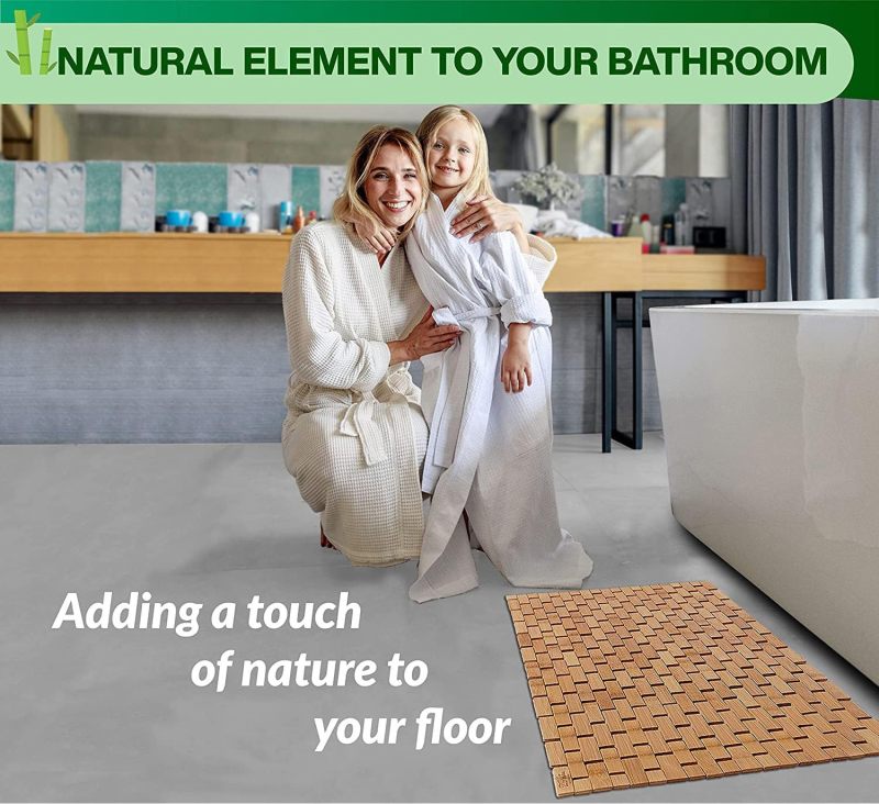 Natural bamboo wood bath mat, non-slip, for jacuzzi tubs and kitchens, 15.7 x 23.6 inches, brown - Image 4