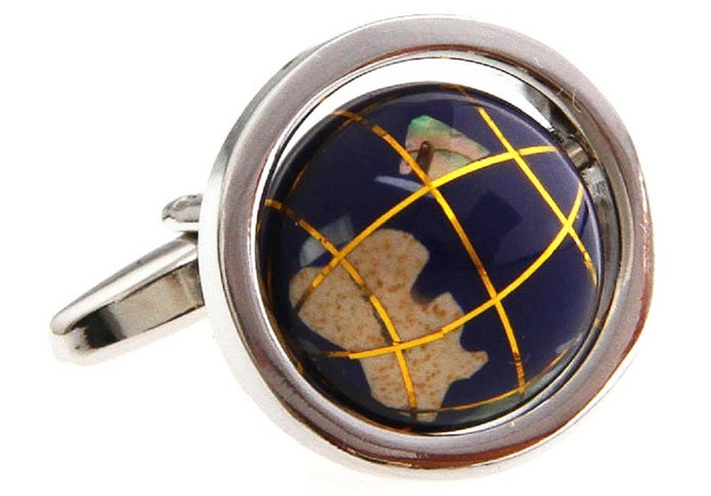 MRCUFF Globe Map Earth Really Spins Pair Cufflinks in a Presentation Gift Box & Polishing Cloth - Image 1