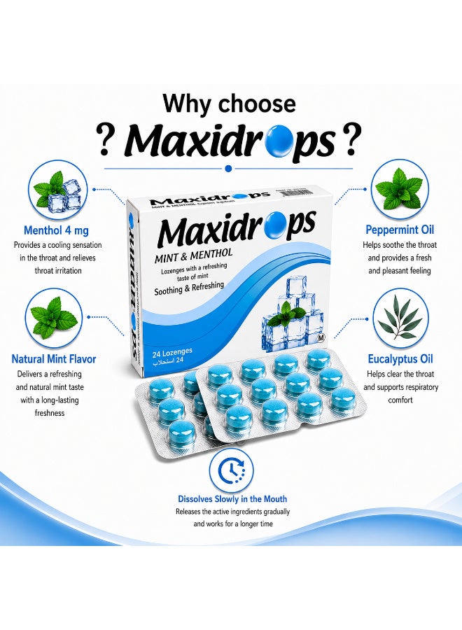 Maxidrops Mint & Menthol Lozenges 24 Lozenges | 4 mg Menthol, Peppermint Oil & Eucalyptus Oil | Refreshing Cooling Sensation for the Throat - Image 3