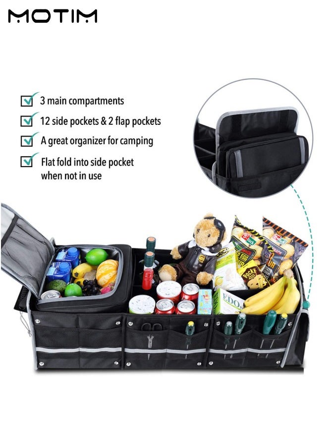 Large Trunk Storage Organizer with Cooler Bag, Collapsible Car Boot Organiser, 3 Main Compartments, 12 Side Pockets, 2 Flap Pockets, 2 Tie-Down Straps, Durable for SUV Car Sedan