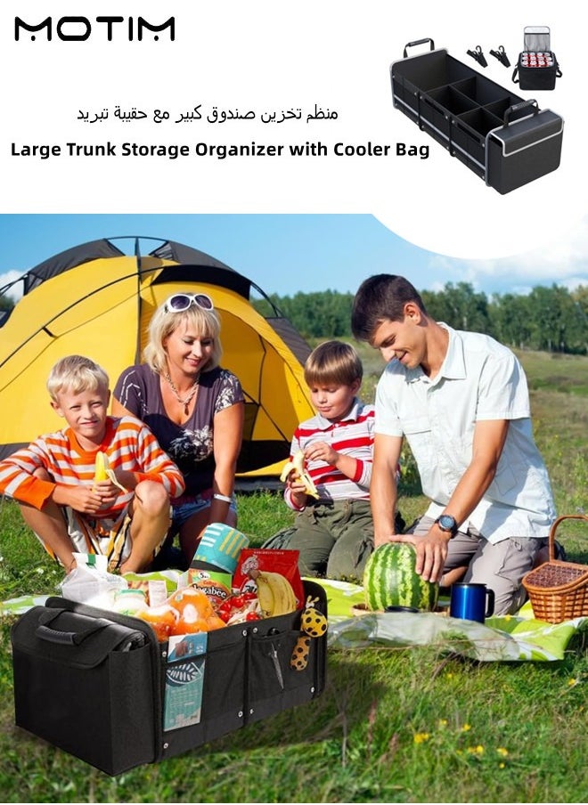Large Trunk Storage Organizer with Cooler Bag, Collapsible Car Boot Organiser, 3 Main Compartments, 12 Side Pockets, 2 Flap Pockets, 2 Tie-Down Straps, Durable for SUV Car Sedan