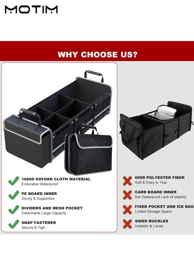 Large Trunk Storage Organizer with Cooler Bag, Collapsible Car Boot Organiser, 3 Main Compartments, 12 Side Pockets, 2 Flap Pockets, 2 Tie-Down Straps, Durable for SUV Car Sedan