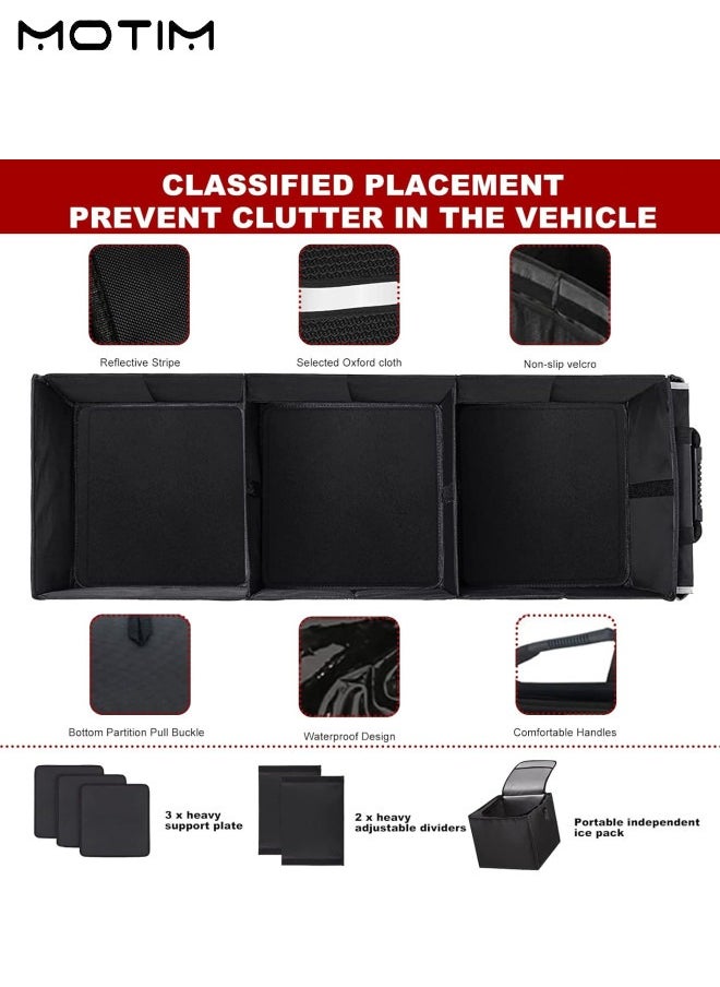 Large Trunk Storage Organizer with Cooler Bag, Collapsible Car Boot Organiser, 3 Main Compartments, 12 Side Pockets, 2 Flap Pockets, 2 Tie-Down Straps, Durable for SUV Car Sedan