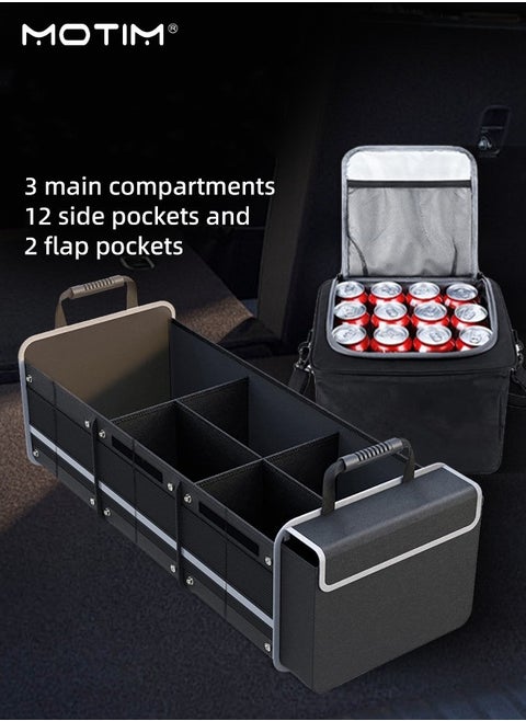 Large Trunk Storage Organizer with Cooler Bag, Collapsible Car Boot Organiser, 3 Main Compartments, 12 Side Pockets, 2 Flap Pockets, 2 Tie-Down Straps, Durable for SUV Car Sedan