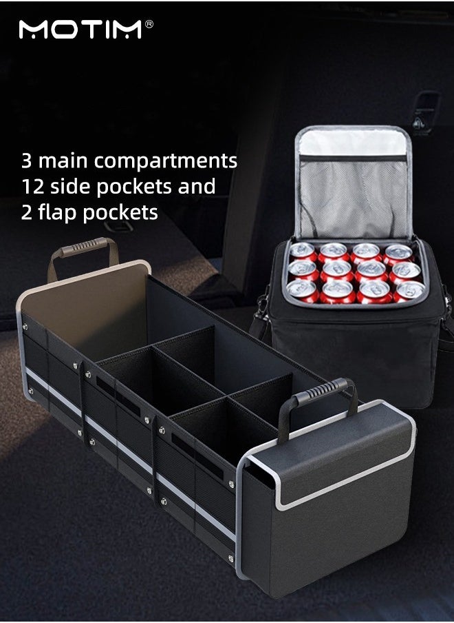 Large Trunk Storage Organizer with Cooler Bag, Collapsible Car Boot Organiser, 3 Main Compartments, 12 Side Pockets, 2 Flap Pockets, 2 Tie-Down Straps, Durable for SUV Car Sedan