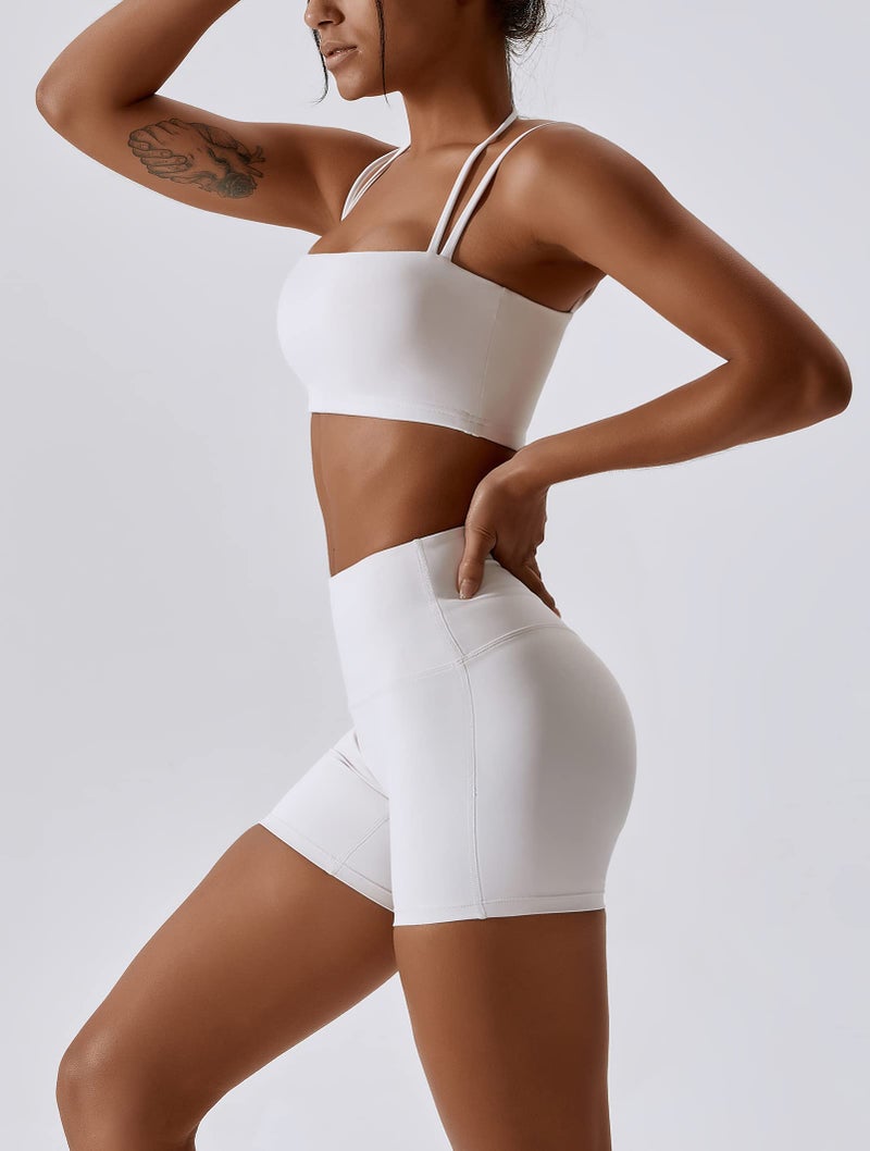 ABOCIW Workout Sets for Women Halter Bandeau Sport Bra Crop Tops High Waist Booty Shorts 2 Piece Gym Set Fitness Yoga Outfits Z-White Small - Image 3