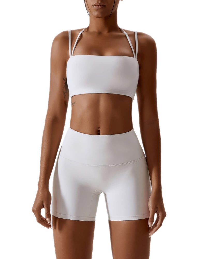 ABOCIW Workout Sets for Women Halter Bandeau Sport Bra Crop Tops High Waist Booty Shorts 2 Piece Gym Set Fitness Yoga Outfits Z-White Small - Image 1