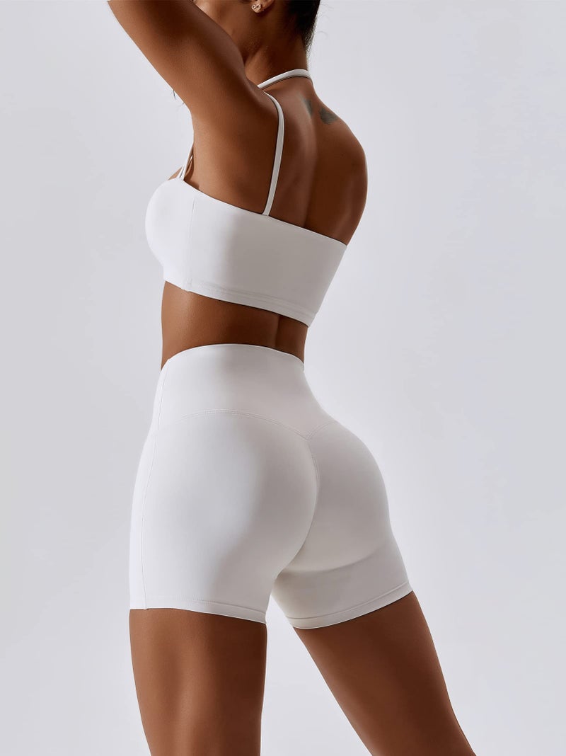 ABOCIW Workout Sets for Women Halter Bandeau Sport Bra Crop Tops High Waist Booty Shorts 2 Piece Gym Set Fitness Yoga Outfits Z-White Small - Image 2