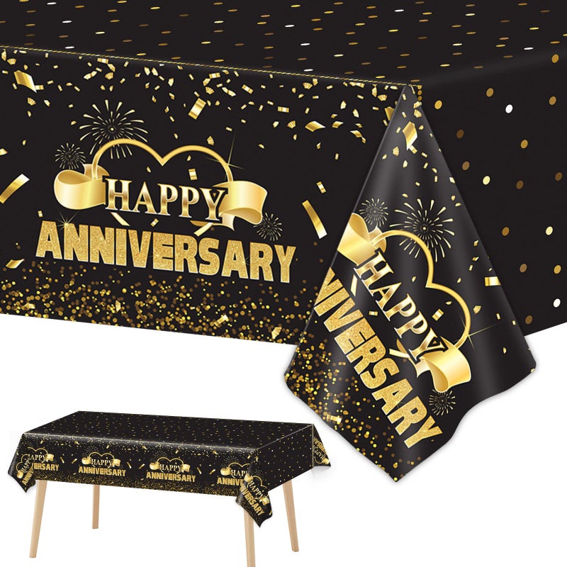 3 Pack Happy Anniversary Tablecloths  Disposable Black Gold Dot Confetti Table Covers for Rectangle Tables  Party Favors for Guests  54 x 108 Inch