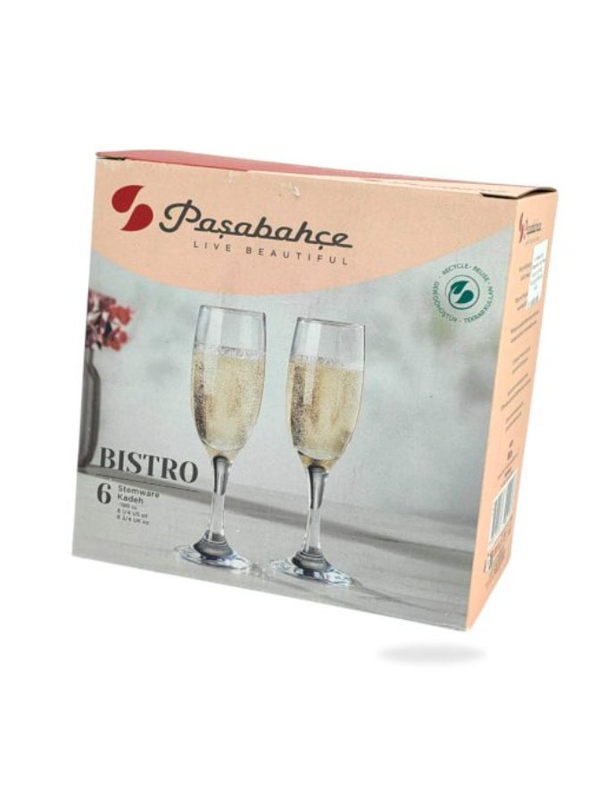 Pasabahce Bistro Champagne Flute Set Of 6 190 cc 6 1/4 oz Clear - Image 2