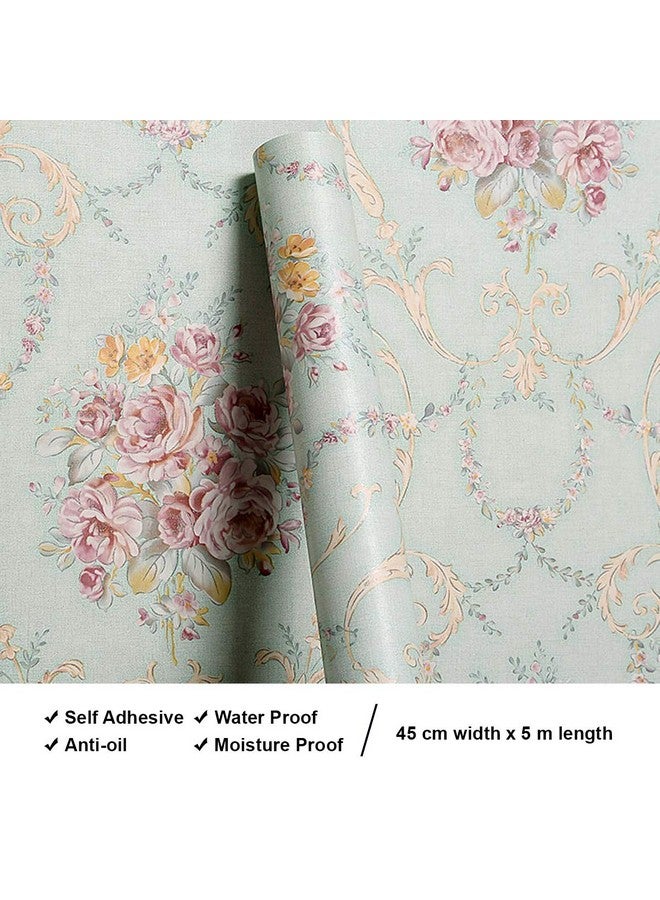 wolpin ملصقات حائط وولبين DIY ملصقات ورق جدران (45 × 500 سم) زهرة داماسك ذاتية اللصق، أخضر مريمي - Image 3