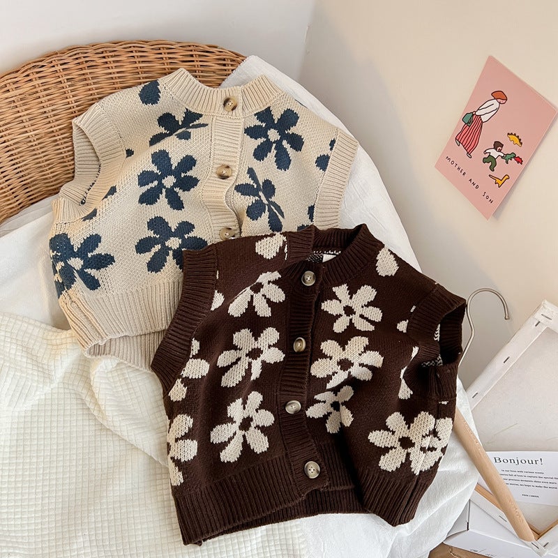 Children'S Clothing Children'S Knitted Vest Korean Children'S Flowers Unisex Trendy Woolen Cardigan For Boys And Girls - Image 3