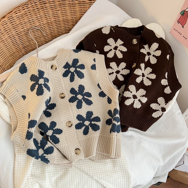 Children'S Clothing Children'S Knitted Vest Korean Children'S Flowers Unisex Trendy Woolen Cardigan For Boys And Girls - Image 2