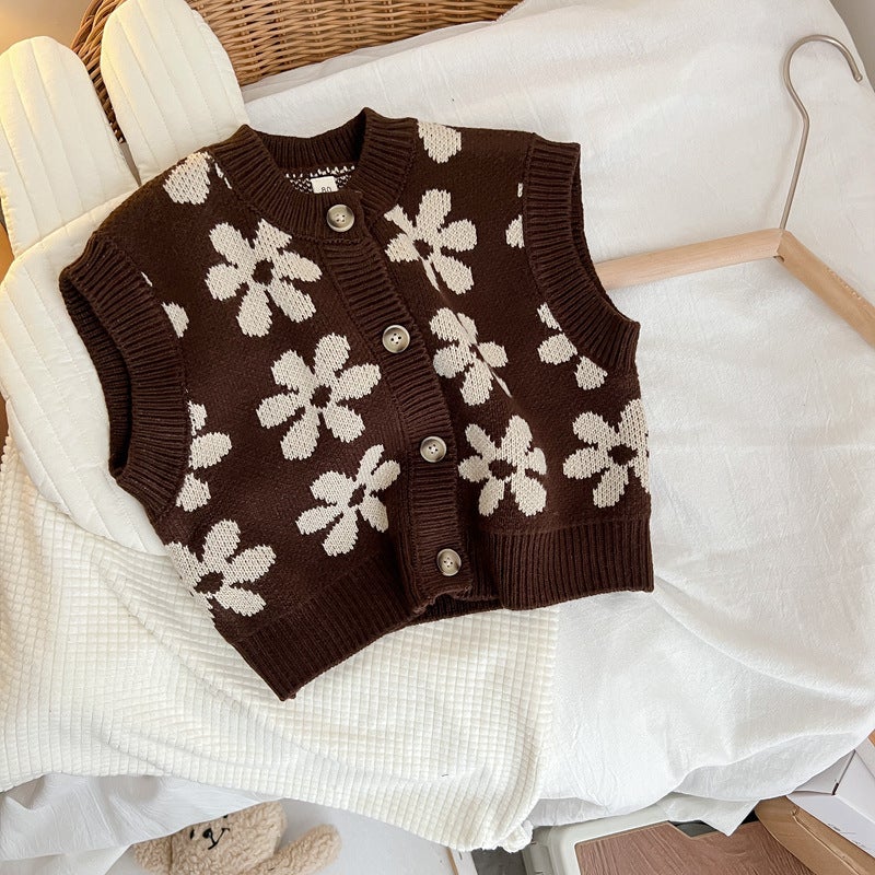 Children'S Clothing Children'S Knitted Vest Korean Children'S Flowers Unisex Trendy Woolen Cardigan For Boys And Girls - Image 4