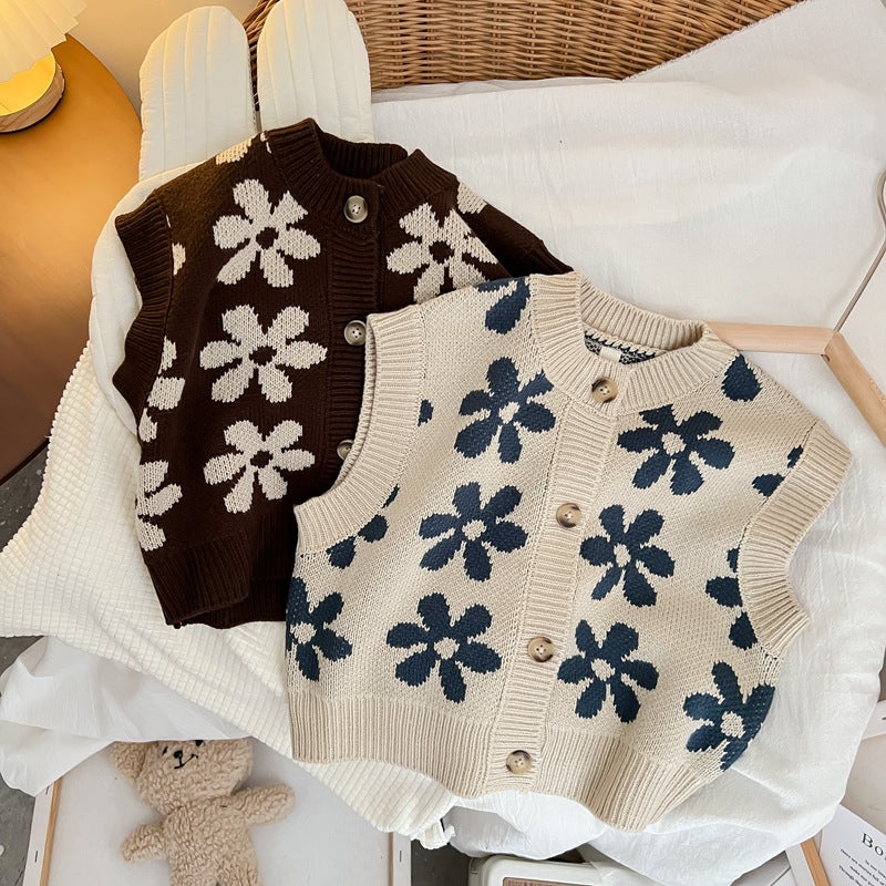 Children'S Clothing Children'S Knitted Vest Korean Children'S Flowers Unisex Trendy Woolen Cardigan For Boys And Girls - Image 5
