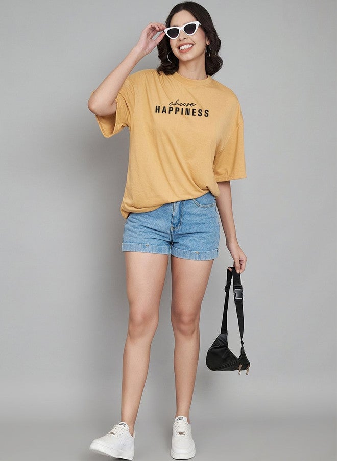 TREND LEVEL Mustard Yellow Typography Printed Oversized T-shirt for Women - Image 4