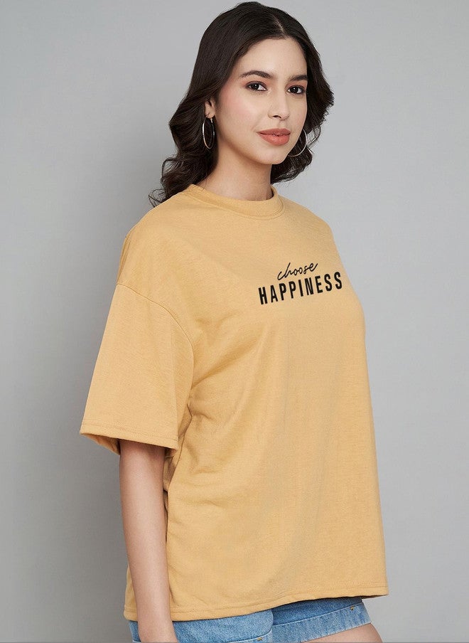TREND LEVEL Mustard Yellow Typography Printed Oversized T-shirt for Women - Image 3