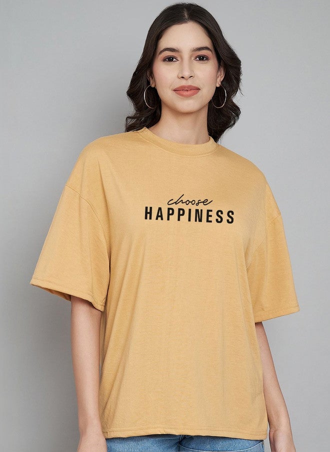 TREND LEVEL Mustard Yellow Typography Printed Oversized T-shirt for Women - Image 1