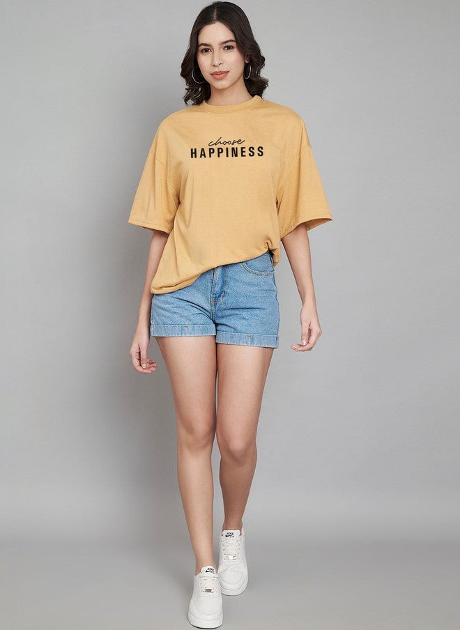 TREND LEVEL Mustard Yellow Typography Printed Oversized T-shirt for Women - Image 5