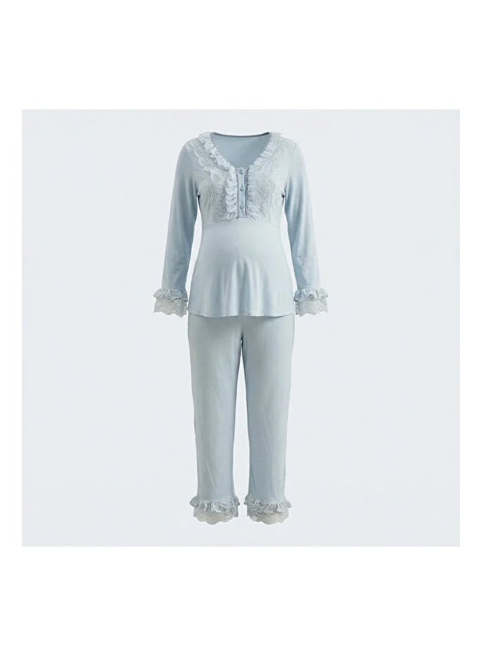 Lady Lingerie 2-Piece Maternity & Nursing Pajama Set | Long Sleeve Nursing Top with Lace Details & Adjustable Waist Pants | Cotton Viscose Blend | Made in Turkey - Image 5