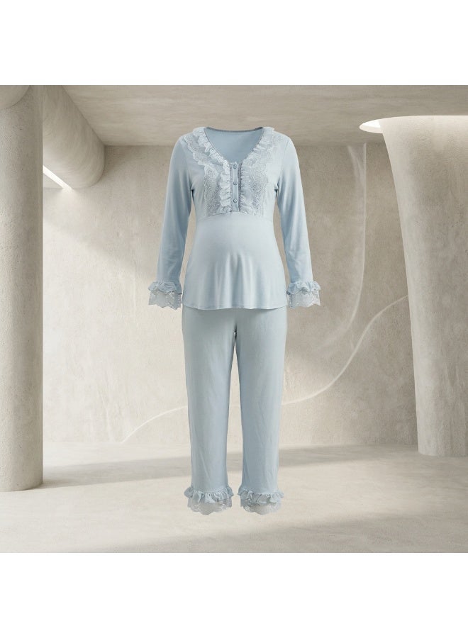 Lady Lingerie 2-Piece Maternity & Nursing Pajama Set | Long Sleeve Nursing Top with Lace Details & Adjustable Waist Pants | Cotton Viscose Blend | Made in Turkey - Image 1