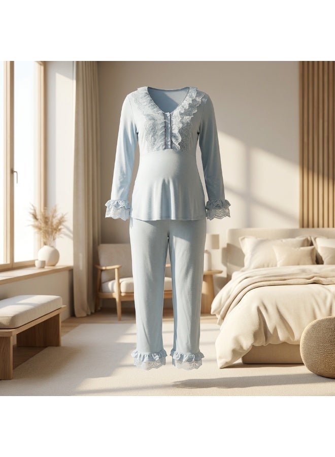 Lady Lingerie 2-Piece Maternity & Nursing Pajama Set | Long Sleeve Nursing Top with Lace Details & Adjustable Waist Pants | Cotton Viscose Blend | Made in Turkey - Image 2