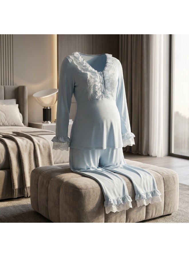 Lady Lingerie 2-Piece Maternity & Nursing Pajama Set | Long Sleeve Nursing Top with Lace Details & Adjustable Waist Pants | Cotton Viscose Blend | Made in Turkey - Image 3
