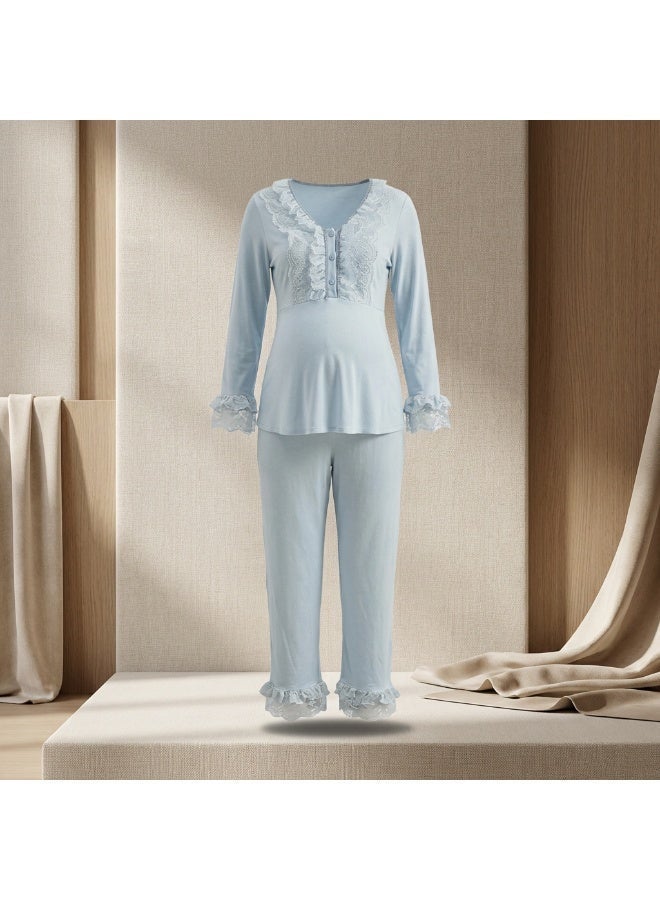 Lady Lingerie 2-Piece Maternity & Nursing Pajama Set | Long Sleeve Nursing Top with Lace Details & Adjustable Waist Pants | Cotton Viscose Blend | Made in Turkey - Image 4