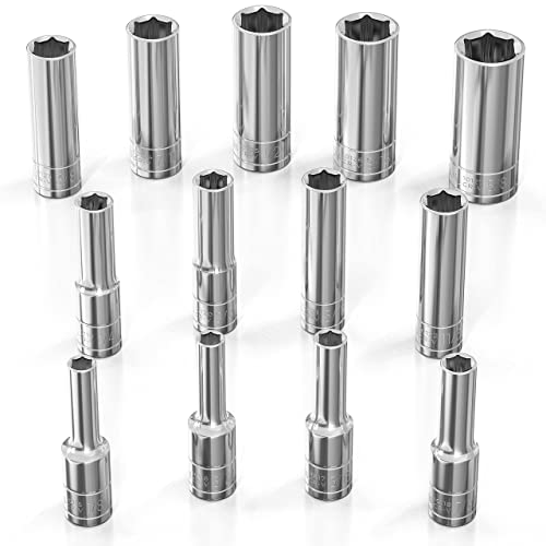Olsa Tools SAE Deep Socket Set - 1/4-Inch Drive, 13pc - 6-Point Chrome Sockets from 1/8" to 5/8" and No Skipped Sizes - Mechanic Deep SAE Socket Set - Professional Grade Long Sockets - Part: 1329 - Image 1