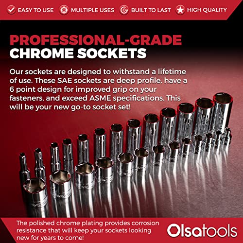 Olsa Tools SAE Deep Socket Set - 1/4-Inch Drive, 13pc - 6-Point Chrome Sockets from 1/8" to 5/8" and No Skipped Sizes - Mechanic Deep SAE Socket Set - Professional Grade Long Sockets - Part: 1329 - Image 5