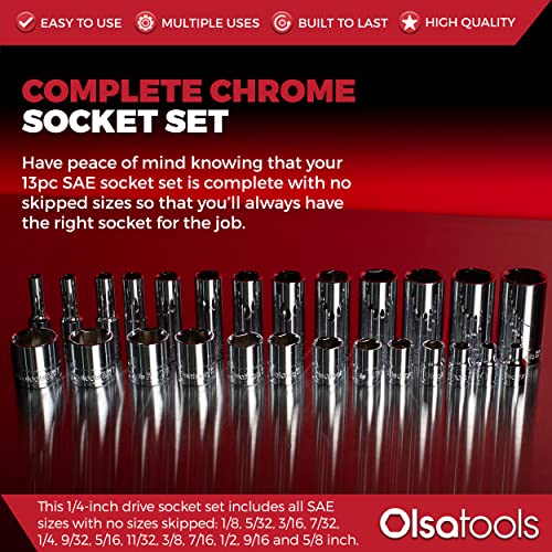 Olsa Tools SAE Deep Socket Set - 1/4-Inch Drive, 13pc - 6-Point Chrome Sockets from 1/8" to 5/8" and No Skipped Sizes - Mechanic Deep SAE Socket Set - Professional Grade Long Sockets - Part: 1329 - Image 2