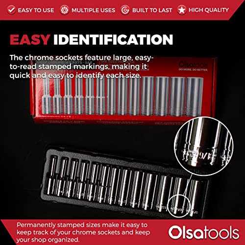 Olsa Tools SAE Deep Socket Set - 1/4-Inch Drive, 13pc - 6-Point Chrome Sockets from 1/8" to 5/8" and No Skipped Sizes - Mechanic Deep SAE Socket Set - Professional Grade Long Sockets - Part: 1329 - Image 3