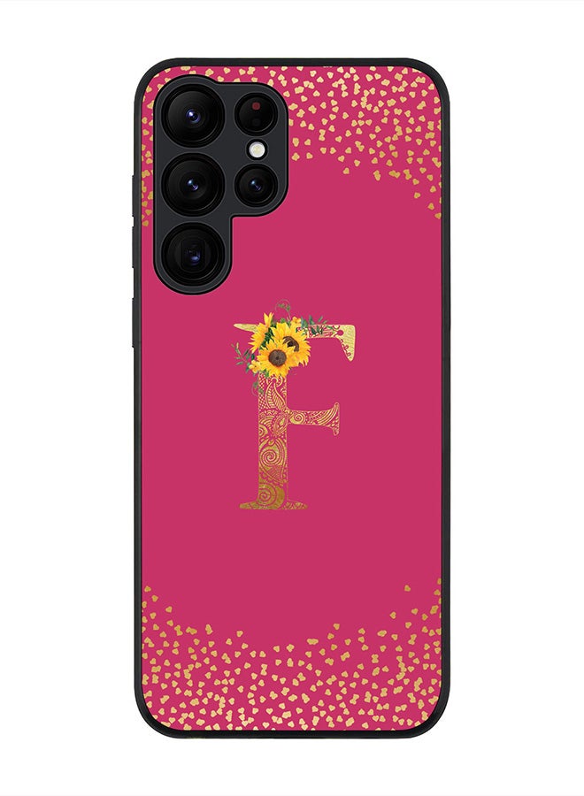 Stylizedd Rugged Black edge case for Samsung Galaxy S22 Ultra 5G, Soft Phone case Custom Monogram Initial Letter Mandala Floral Pattern Alphabet- F (Dark Pink Rose) - Image 1