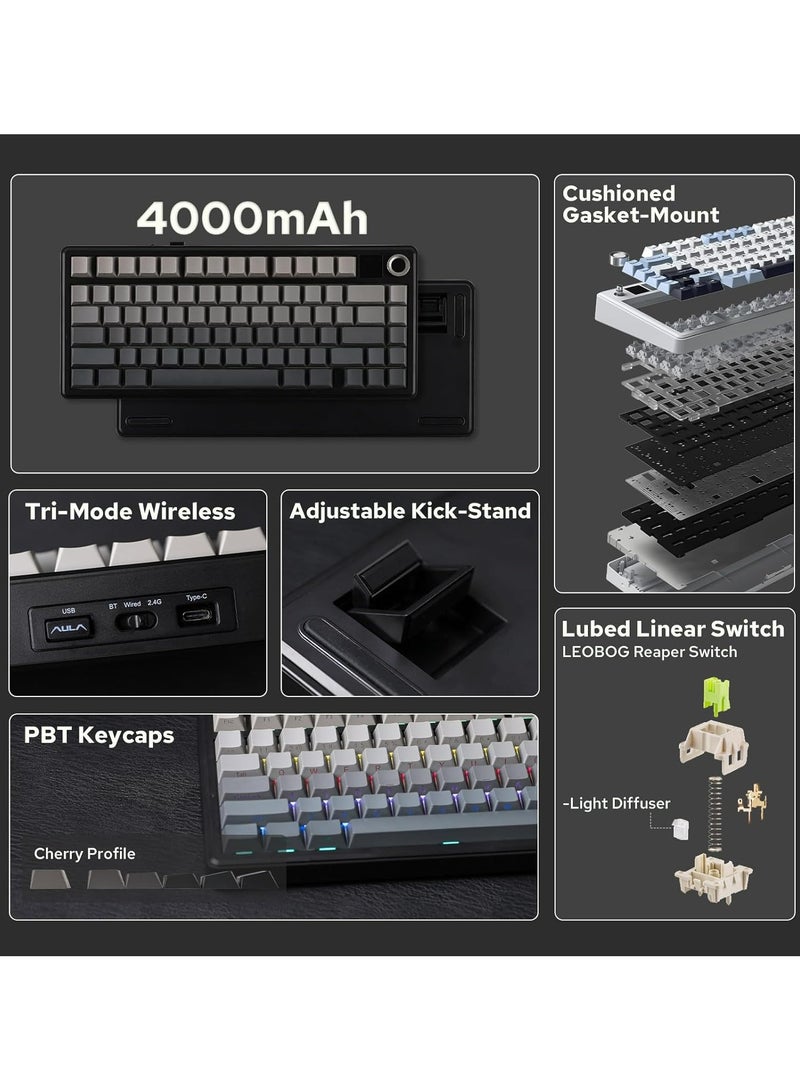 أولا لوحة مفاتيح ألعاب لاسلكية ثلاثية الأوضاع F75 MAX، شاشة TFT، مقبض، قابلة للتبديل السريع، 2.4 جيجاهرتز/Type-C/BT5.0، لون كريمي، لأجهزة الكمبيوتر/Mac/Office/الألعاب (أسود متدرج) - Image 2