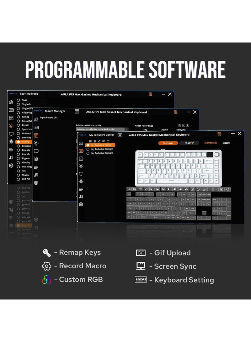 أولا لوحة مفاتيح ألعاب لاسلكية ثلاثية الأوضاع F75 MAX، شاشة TFT، مقبض، قابلة للتبديل السريع، 2.4 جيجاهرتز/Type-C/BT5.0، لون كريمي، لأجهزة الكمبيوتر/Mac/Office/الألعاب (أسود متدرج) - Image 4